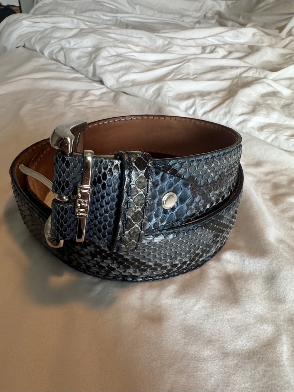Links & Kings premium navy/black Python-Style Leather Belt with Silver Buckle